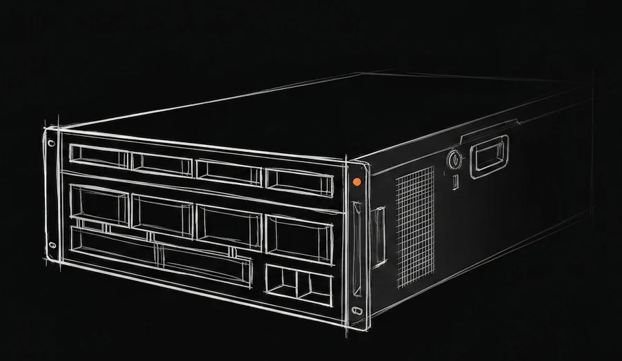 Line sketch of the SovereigntyBox 2U rack server: eight compute trays, front I/O, status LED.
