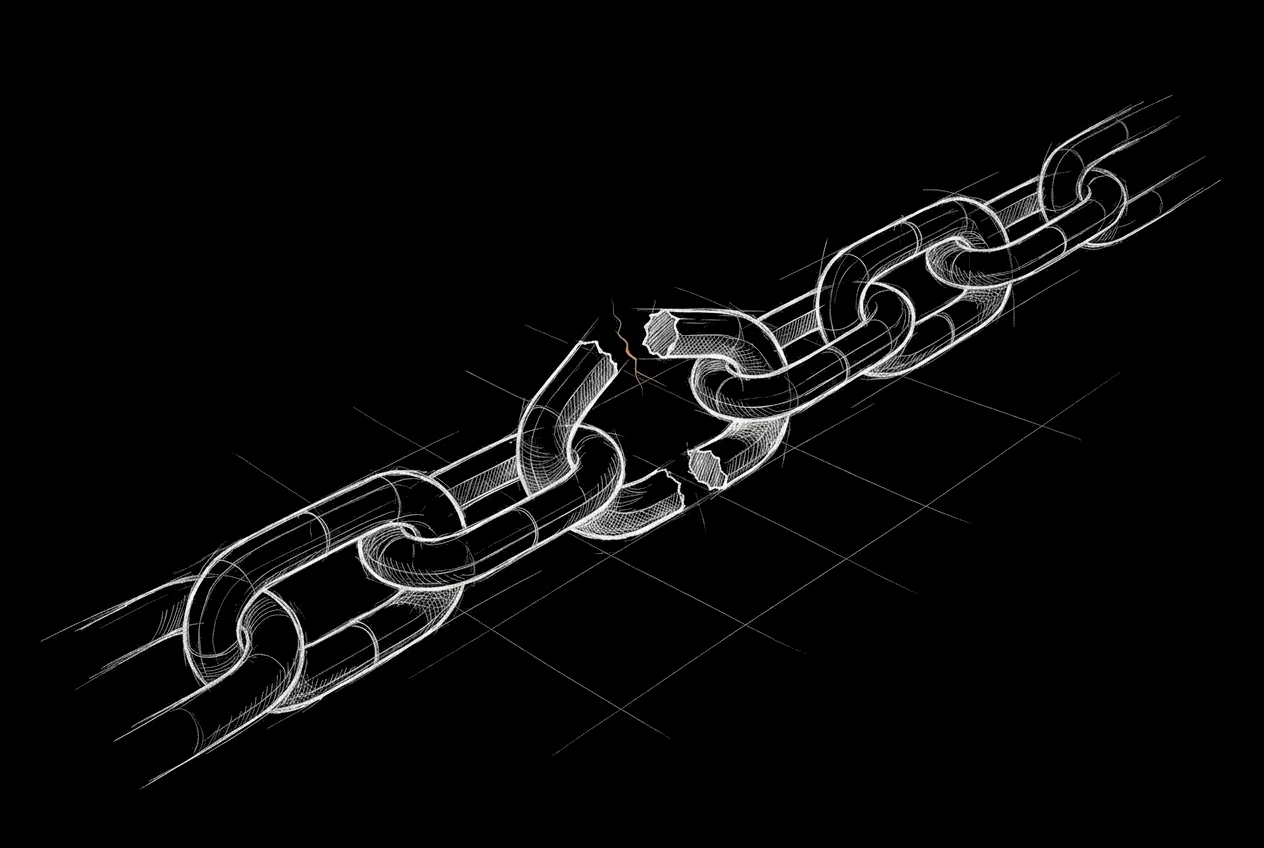 Sketch of a heavy chain with one link snapped open, glowing faintly at the break.