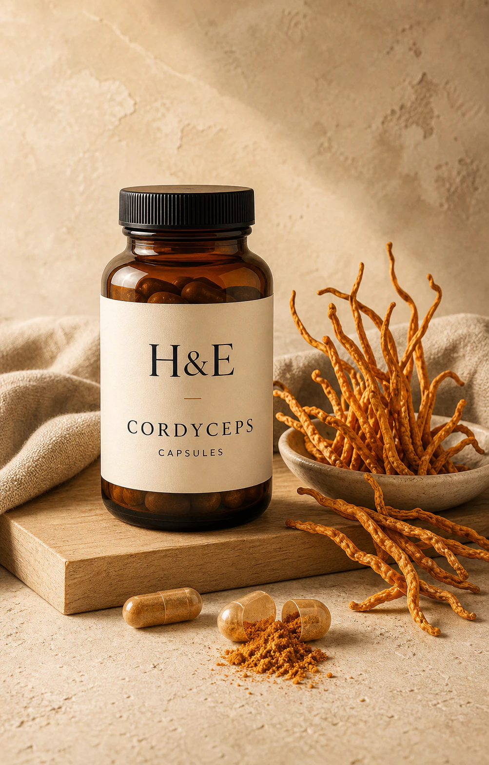 H&E Cordyceps capsule concept beside dried Cordyceps.