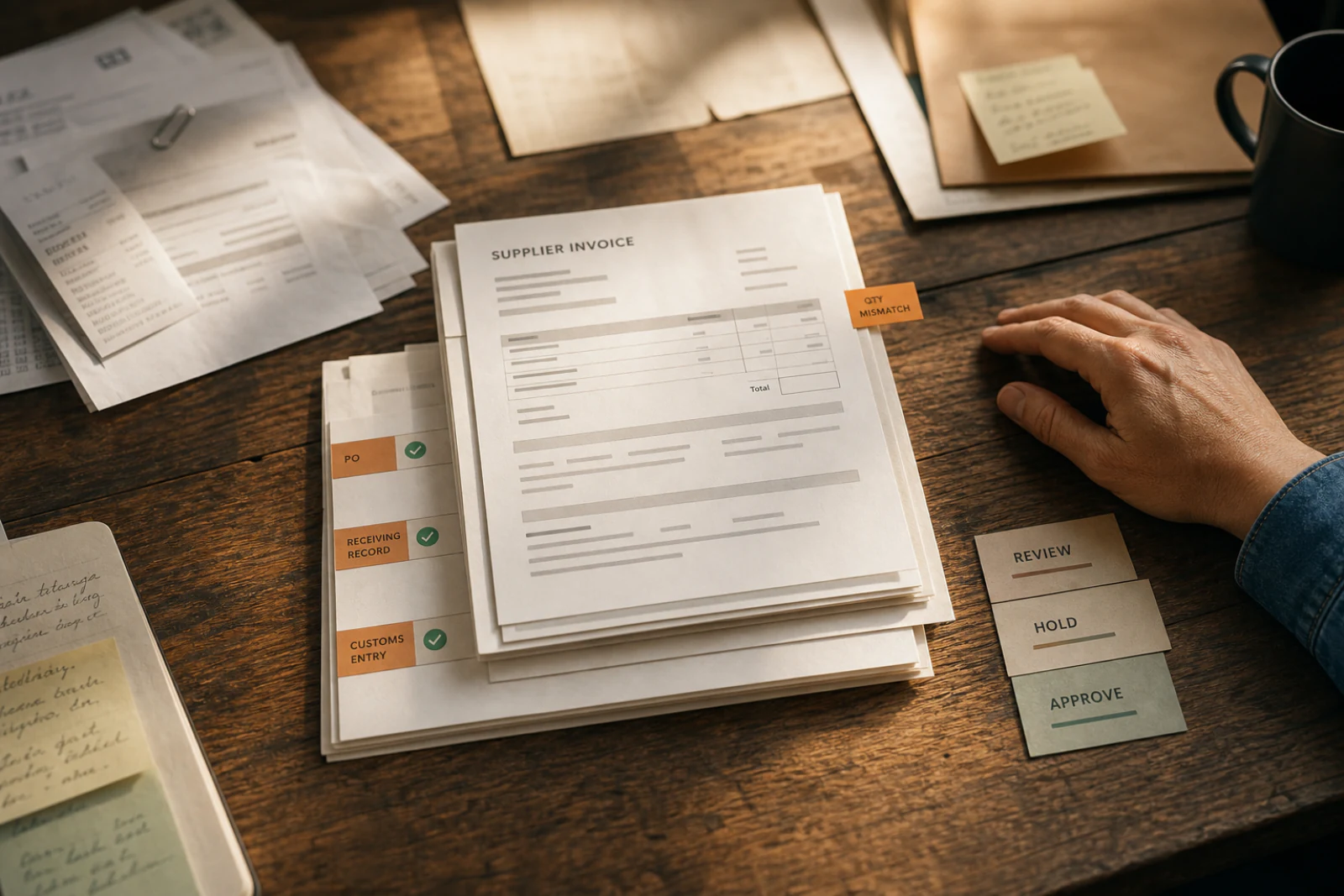 A supplier invoice assembled with its purchase order, receiving record and customs entry, leaving one quantity mismatch for review.