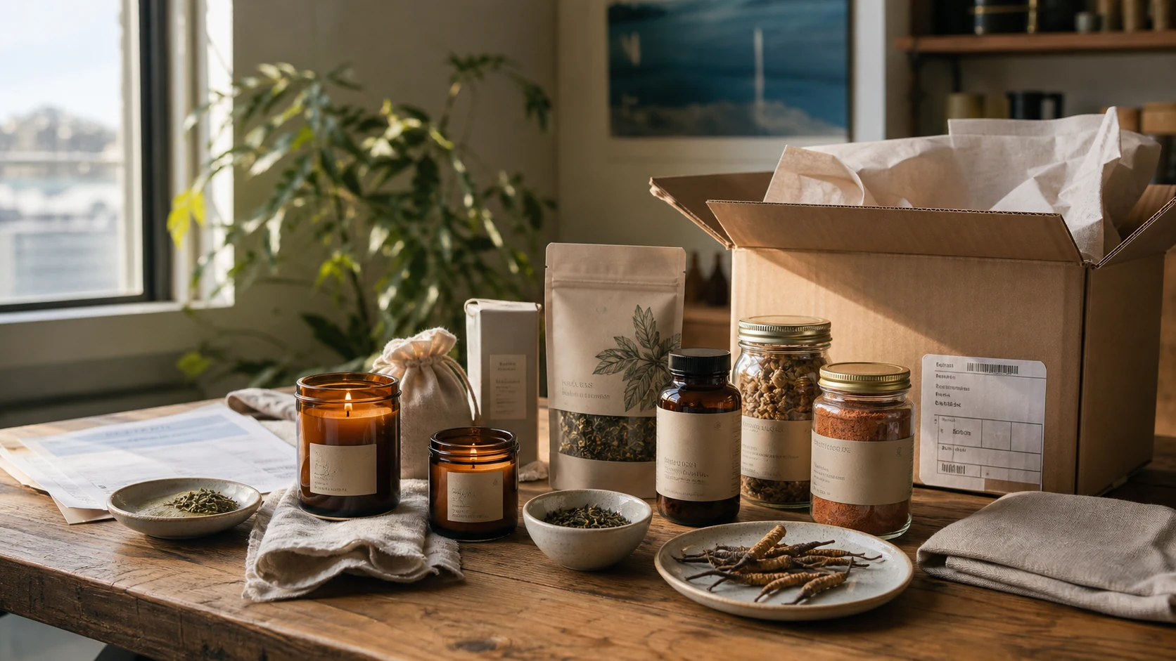 A carefully selected assortment of candles, pantry goods, botanical products and Cordyceps being unpacked in a warm East Vancouver studio.