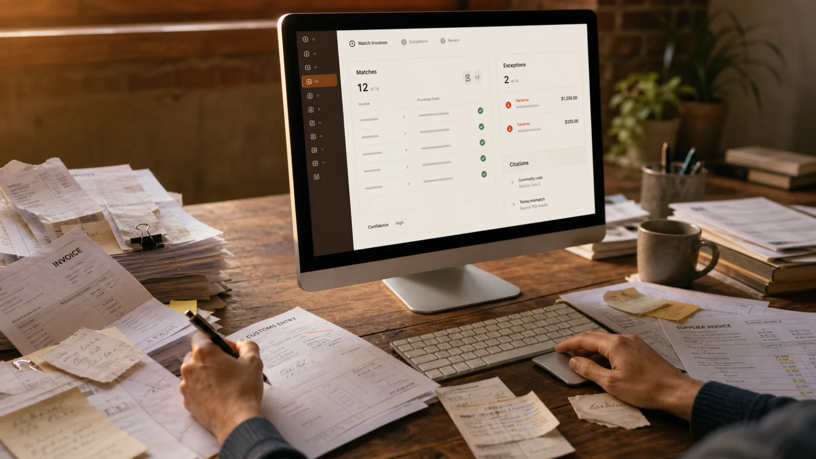 A bookkeeper reviews customs records while a Finance Halo AI matches invoices and identifies exceptions.