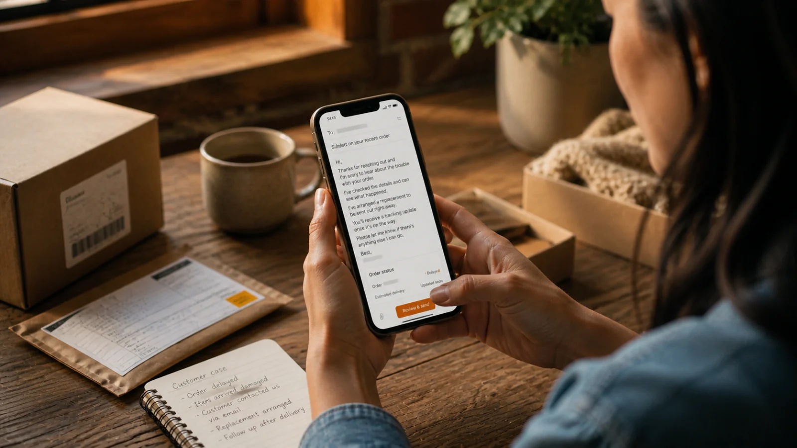 A customer-operations specialist writes an order response on a mobile phone with the case details at hand.