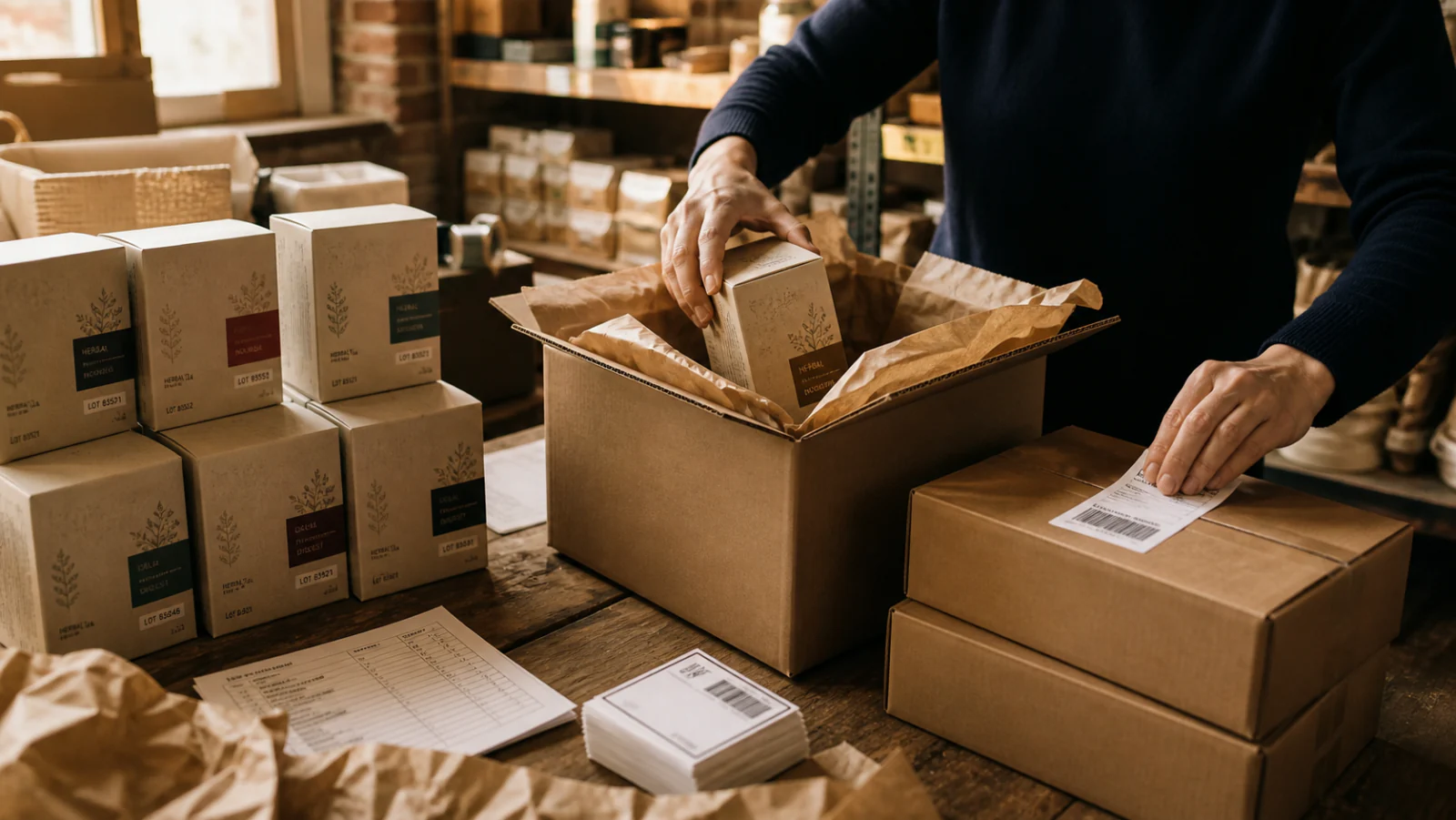 A warehouse operator packs lot-labelled inventory and prepares completed cartons for outbound shipping.