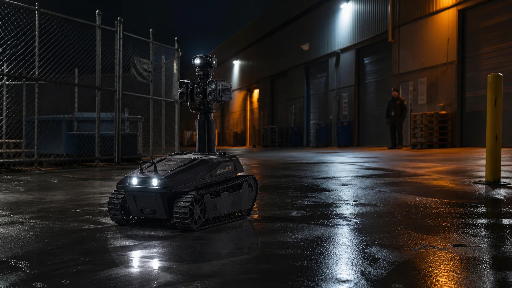 Representative supervised tracked camera sentry observing a wet commercial yard at night