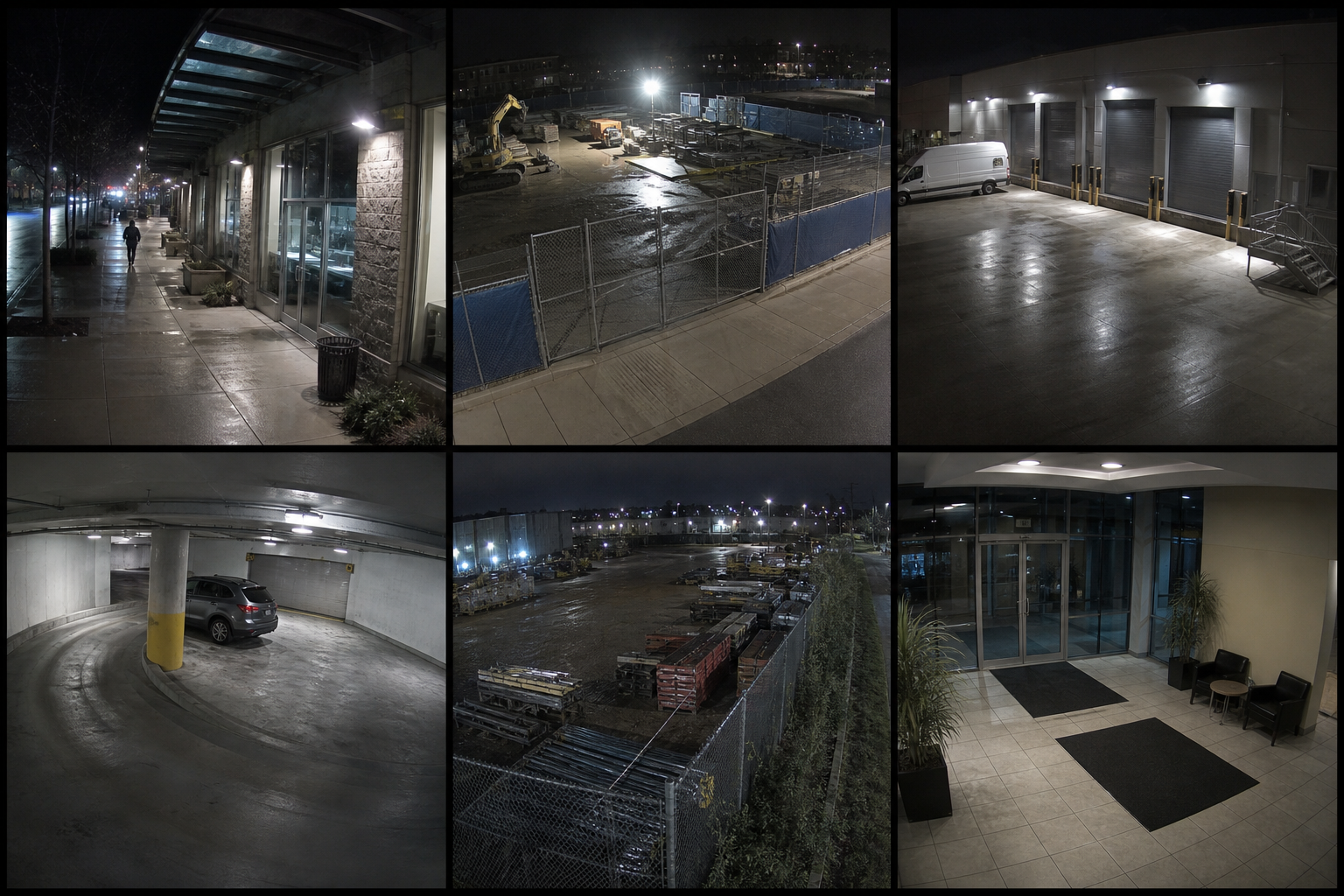 Six representative night security-camera views: a retail entrance, construction site, loading dock, parking garage, industrial yard and office lobby.