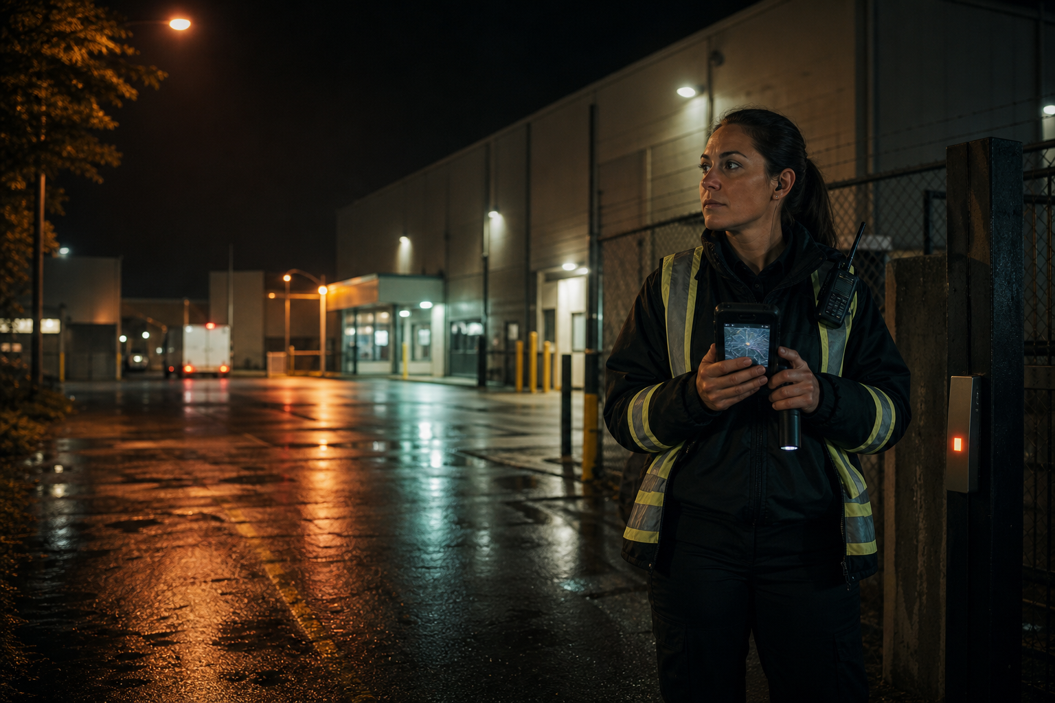 An alert security guard monitoring a wet commercial property while checking an operational patrol device at night.