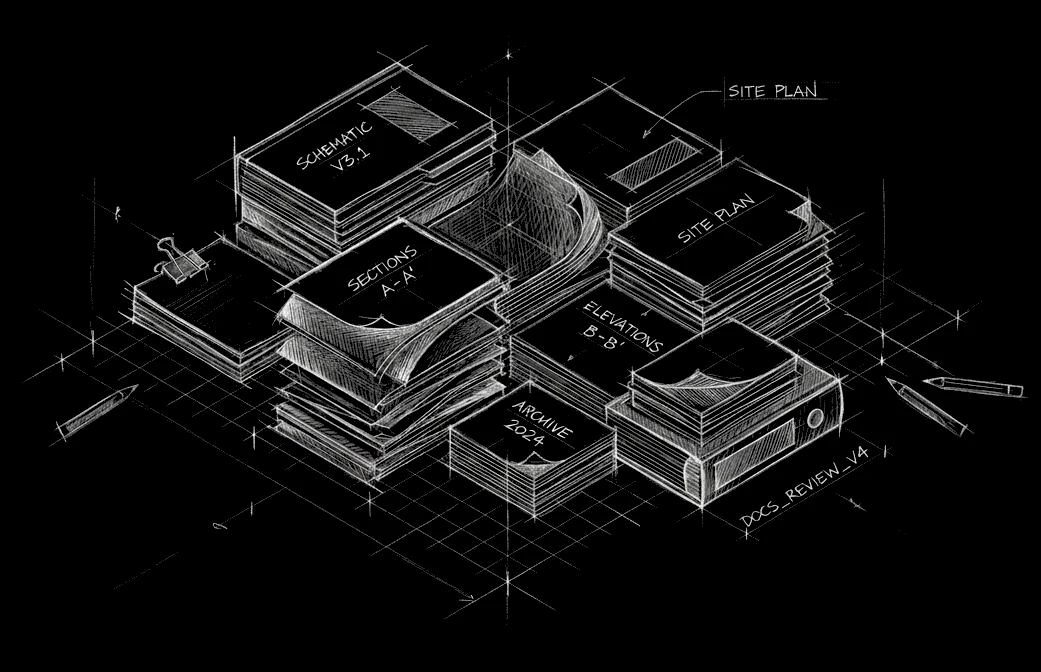 Sketch of stacked blueprints and archive folders — schematics, site plans, reviews — on a drafting grid.