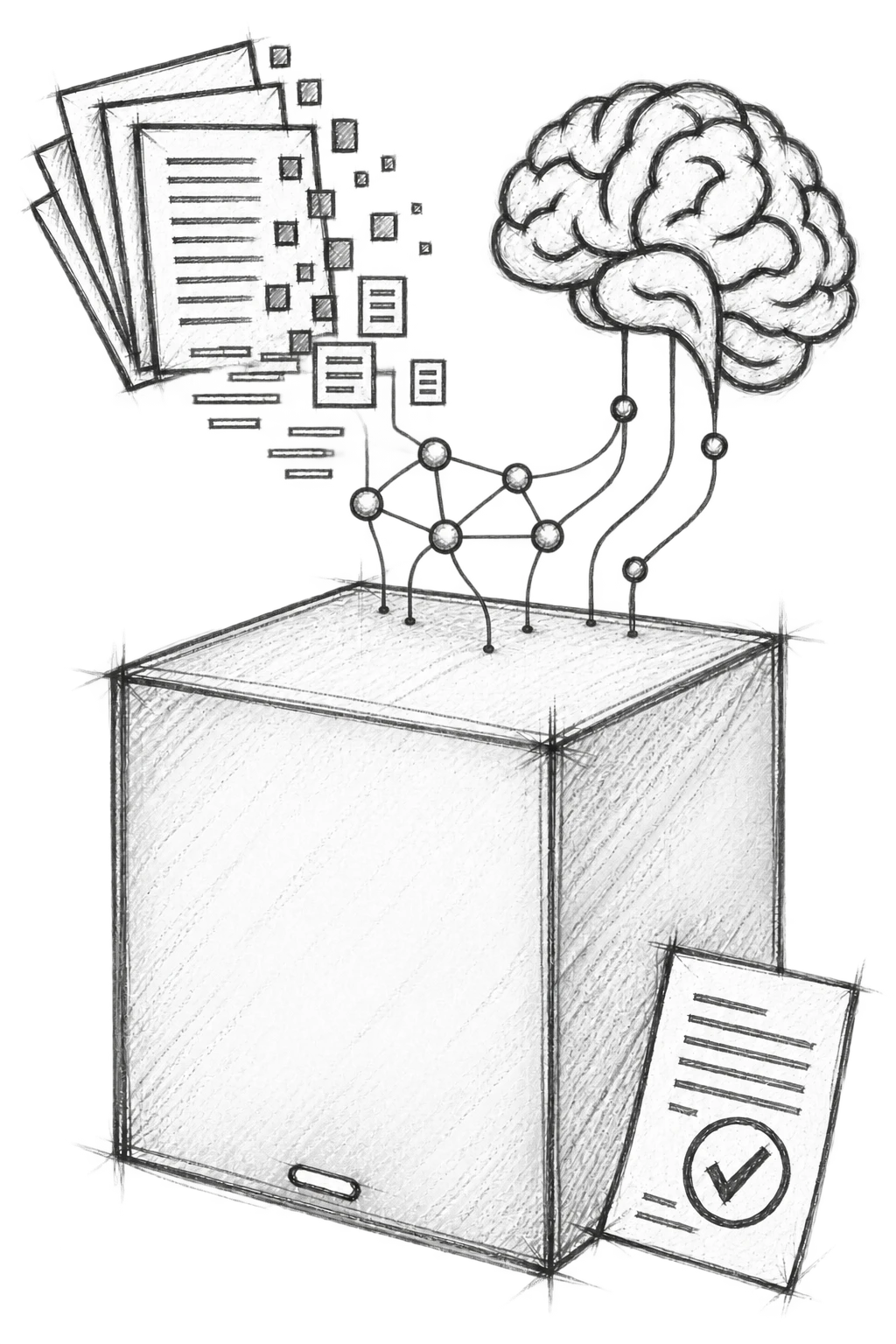 Architectural sketch of documents becoming knowledge inside a SovereigntyBox, powering private AI.