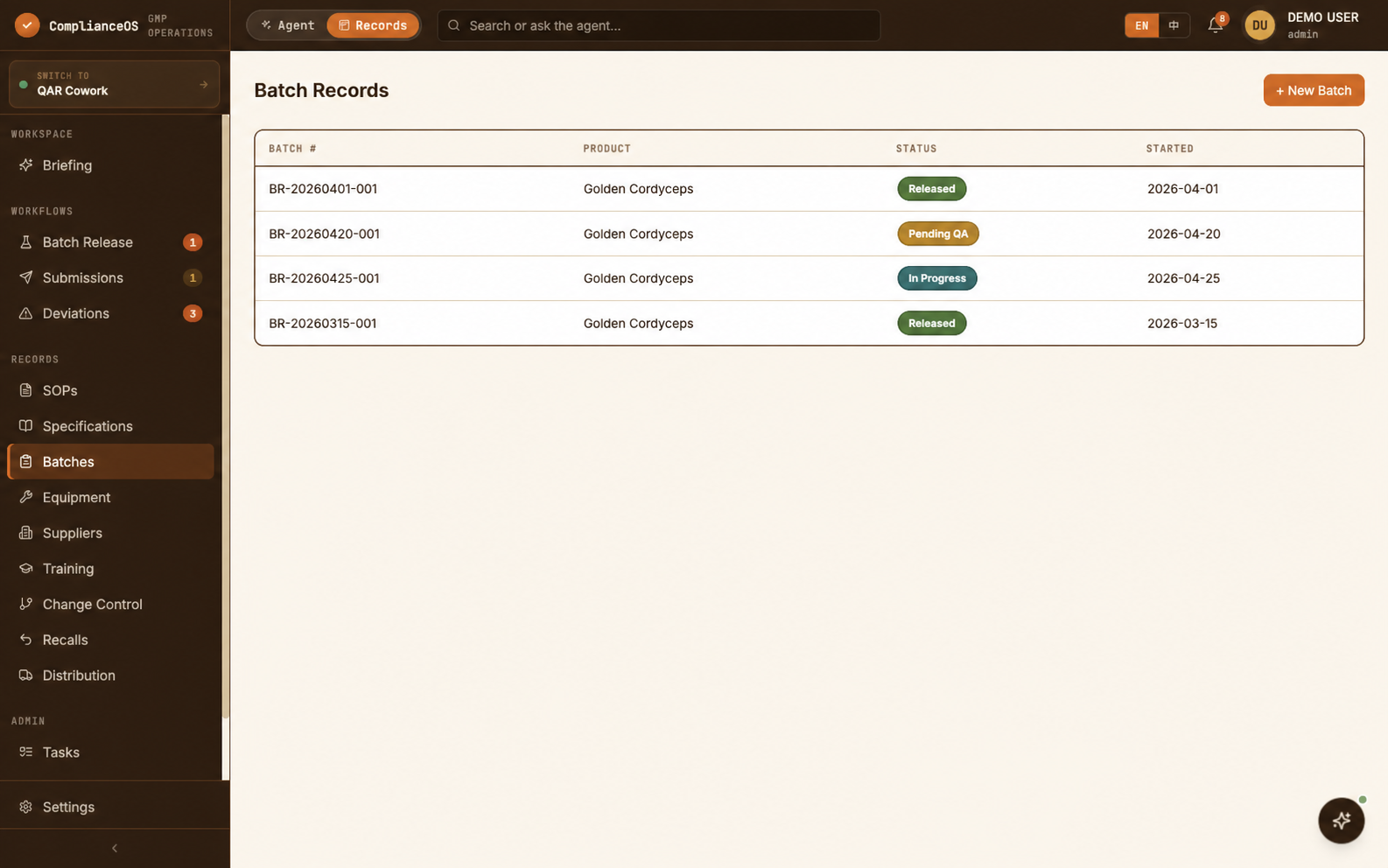 ComplianceOS batch register showing released, pending and in-progress Cordyceps lots.