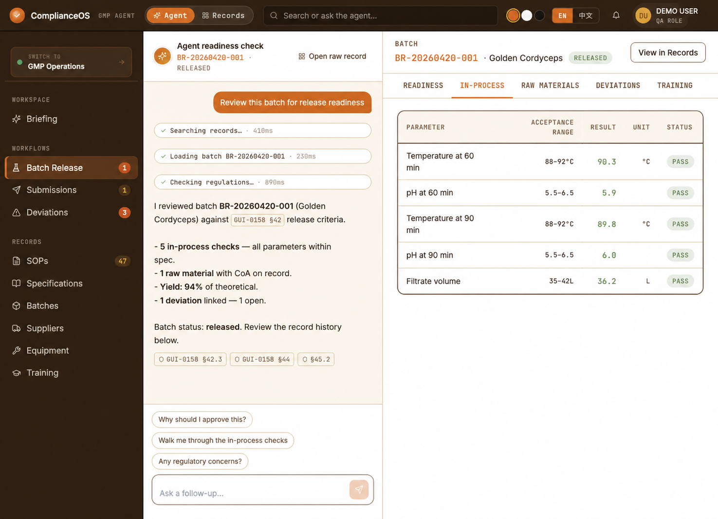 Compliance Halo AI comparing Cordyceps manufacturing checks with approved acceptance ranges.
