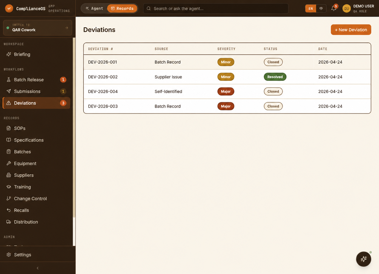 ComplianceOS deviation register showing source, severity and resolution status.