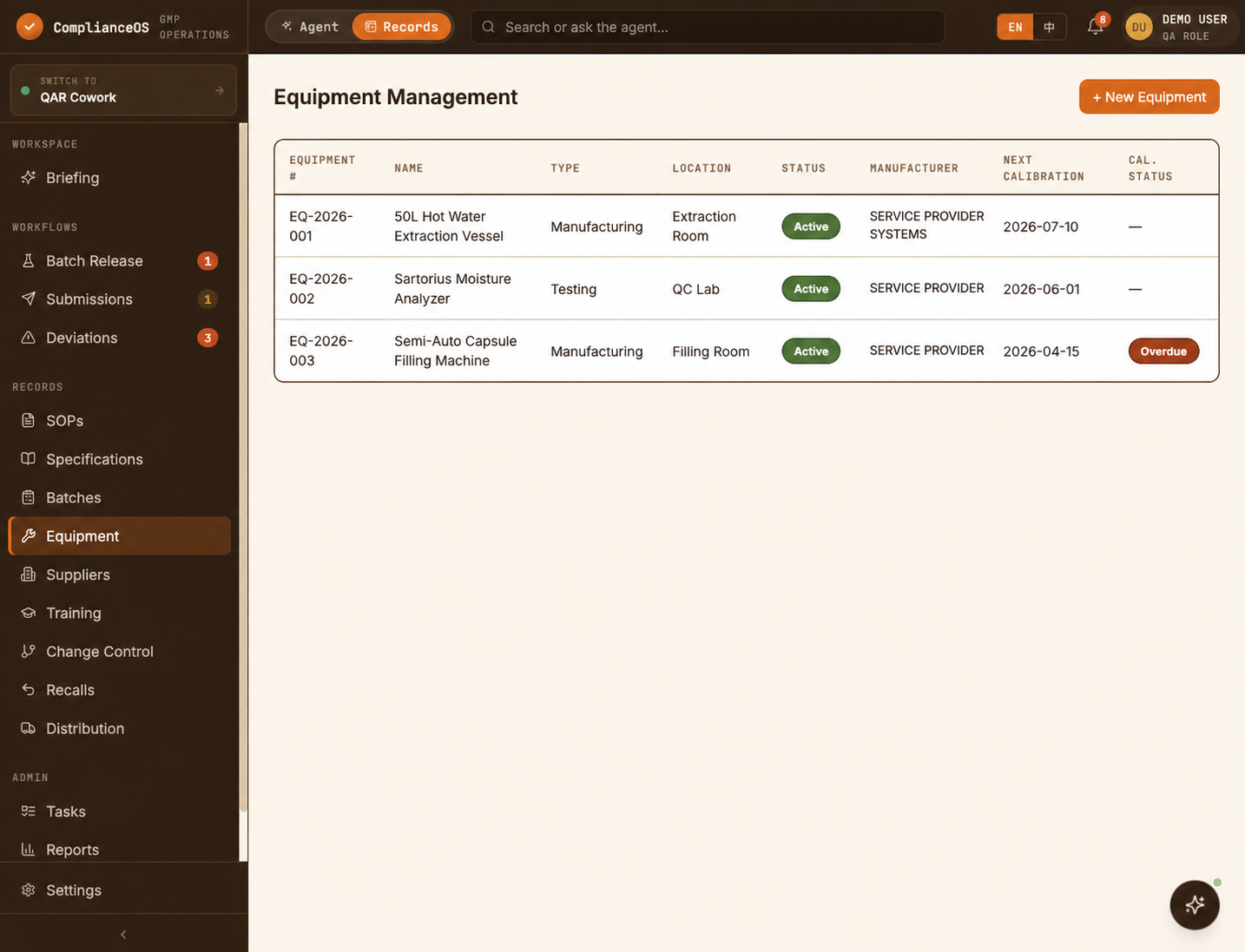 ComplianceOS equipment register showing manufacturing and testing equipment with calibration status.
