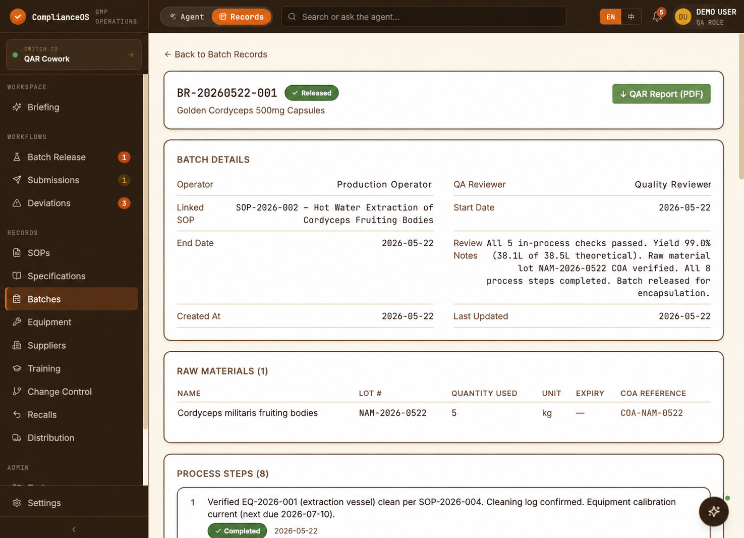 Released Cordyceps batch record with reviewer, raw material, process history and downloadable quality report.