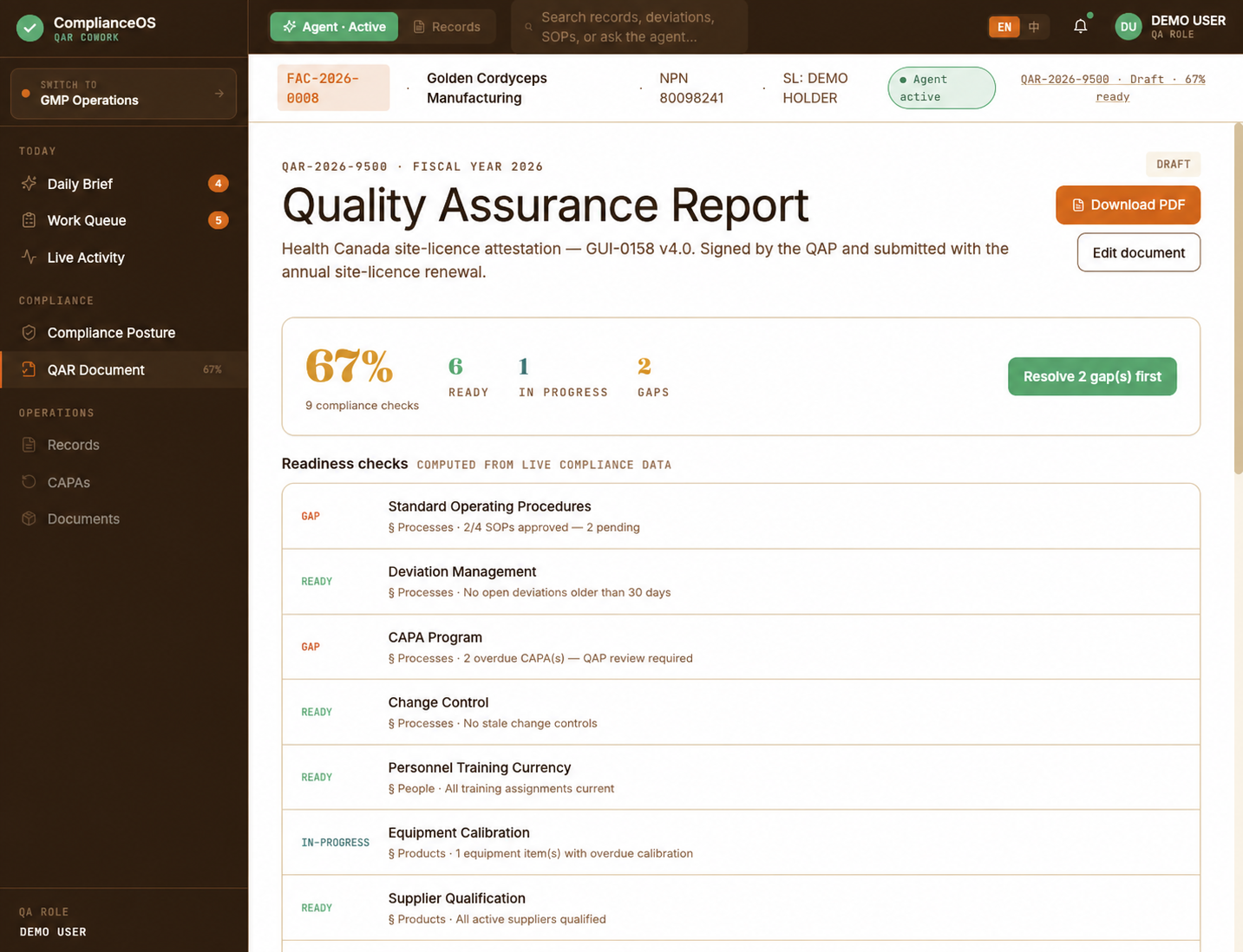 ComplianceOS quality-assurance report showing readiness checks, evidence gaps, qualified-person signature gate and PDF export.