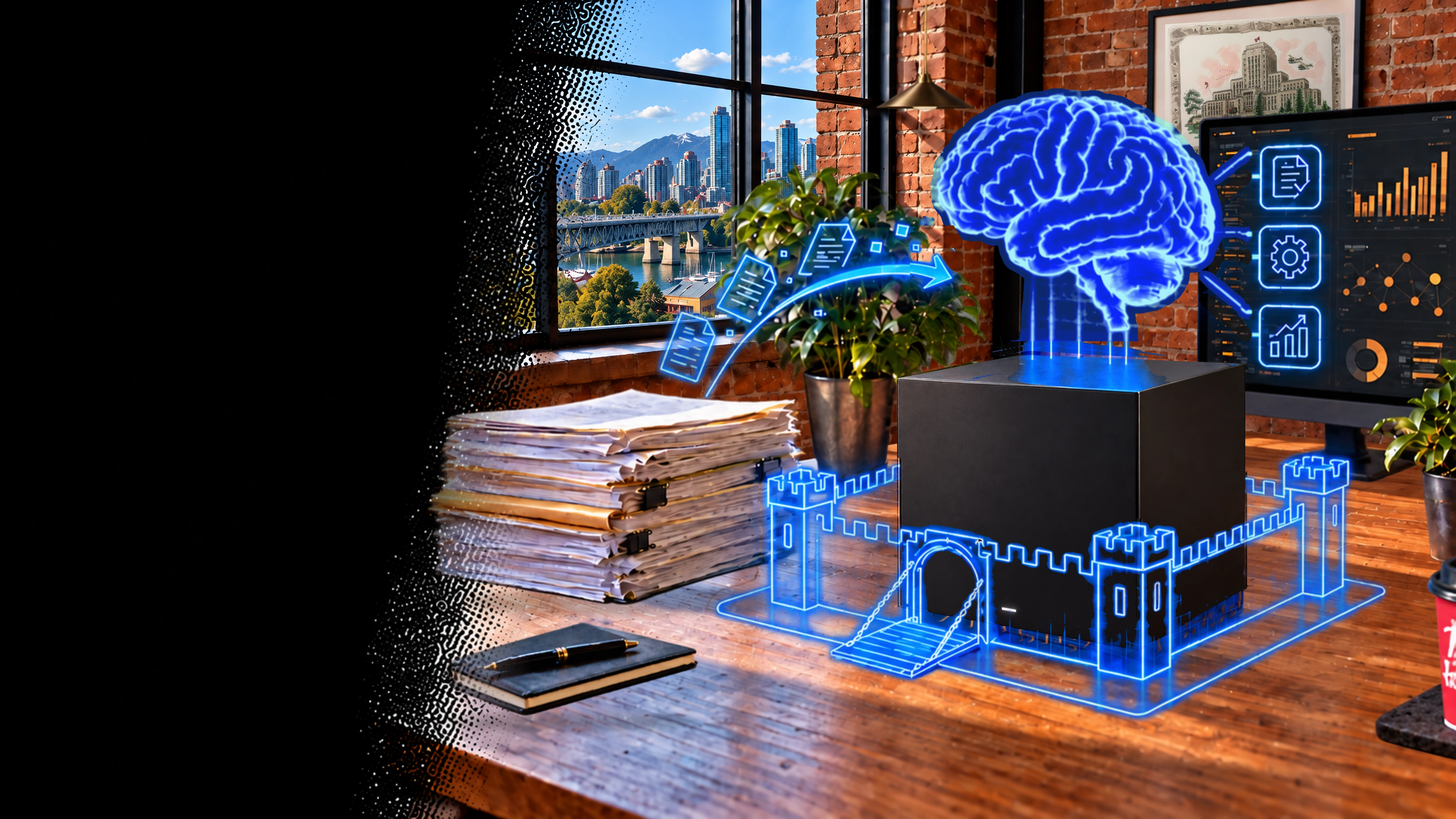 Illustration of documents becoming data and flowing into a neon brain above a local AI workstation, surrounded by a transparent neon fortress with a lowered drawbridge across a blue moat, in an office overlooking Granville Island and Granville Bridge.