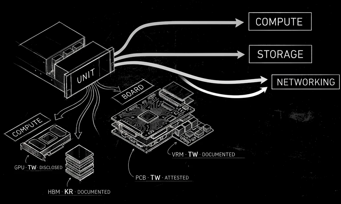 Provenance graph sketch: the unit explodes into compute (GPU, disclosed; HBM, documented), board (PCB, attested; VRM, documented), and links out to compute, storage and networking.