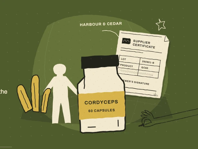 Illustrated Cordyceps product, mushrooms and supplier certificate