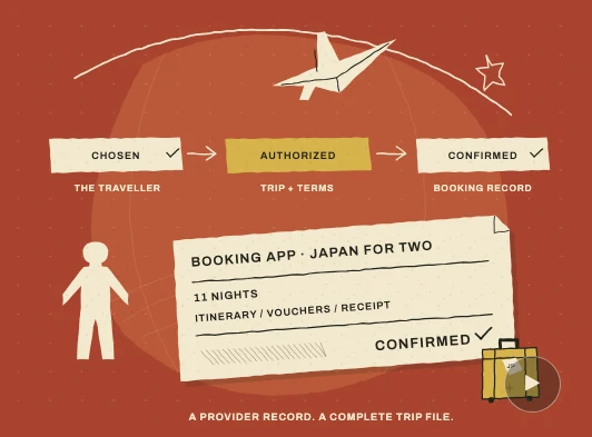 Illustrated Japan travel file with itinerary, booking records and a paper aeroplane