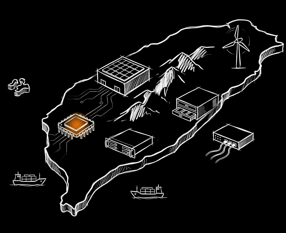 Isometric sketch of Taiwan with fabs, chips, cranes and circuit traces on its surface, linked to offshore server clusters.