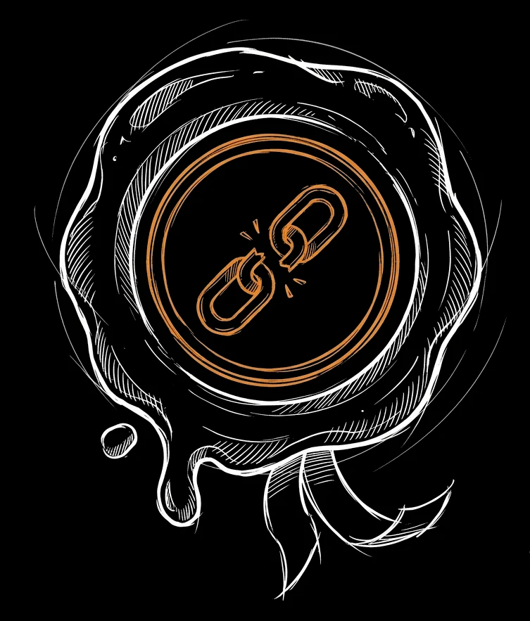 Sketch of a wax seal with a broken chain link stamped in orange at its centre.
